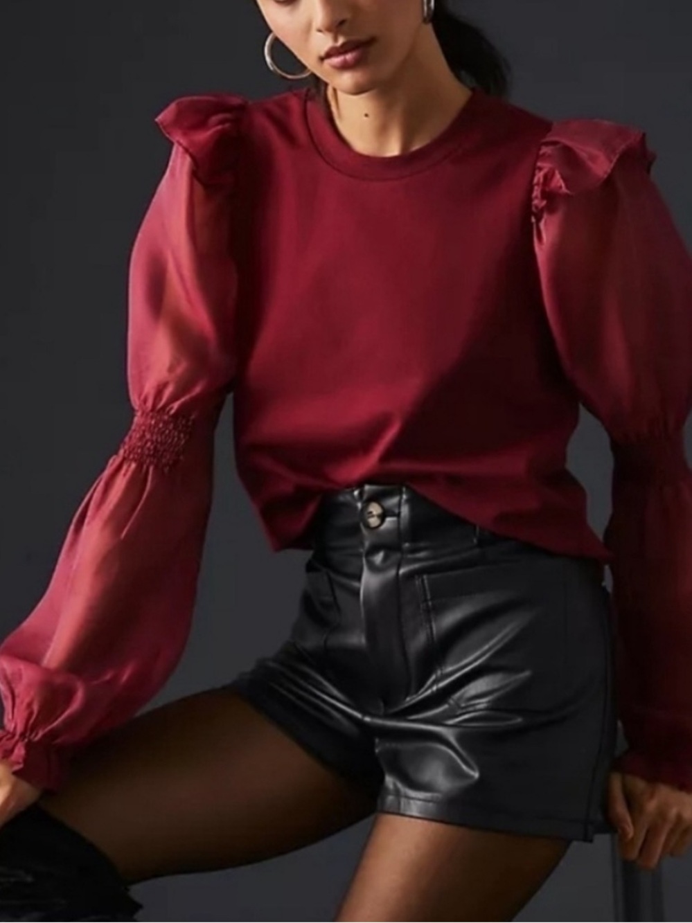 Anthropologie burgundy ruffled puff sleeve romantic Victorian blouse sz s